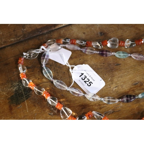 1325 - Floreite and cornelian necklaces, approx 67cm L and 40cm L   (2)