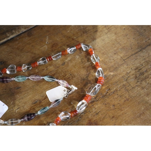 1325 - Floreite and cornelian necklaces, approx 67cm L and 40cm L   (2)