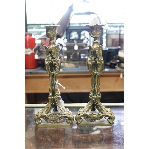 1344 - Pair of antique French Louis XV revival brass candlesticks, tri form bases, approx 29cm H each (2)