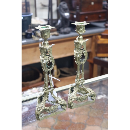 1344 - Pair of antique French Louis XV revival brass candlesticks, tri form bases, approx 29cm H each (2)