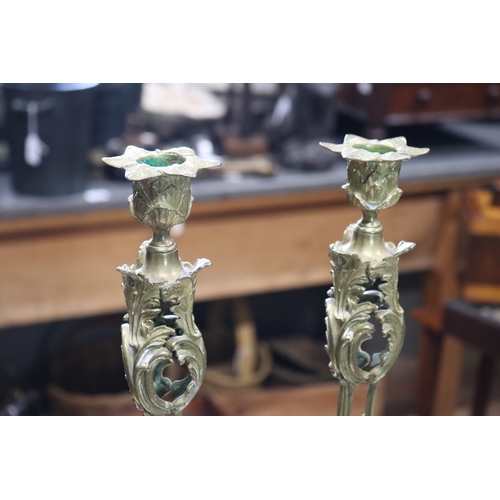 1344 - Pair of antique French Louis XV revival brass candlesticks, tri form bases, approx 29cm H each (2)