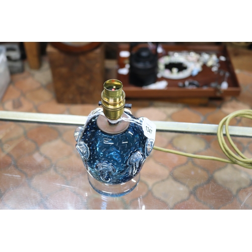 1347 - Art glass lamp, in blue & clear, approx 20cm H