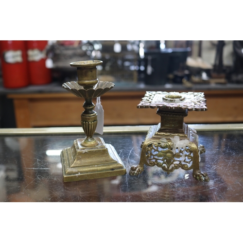 1349 - Two antique French squat brass candlesticks, approx 14cm H and shorter (2)