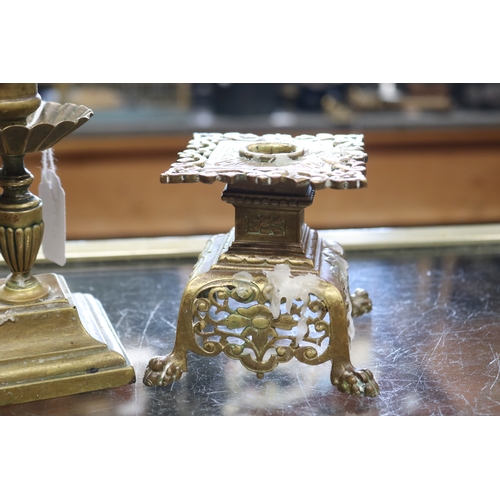 1349 - Two antique French squat brass candlesticks, approx 14cm H and shorter (2)