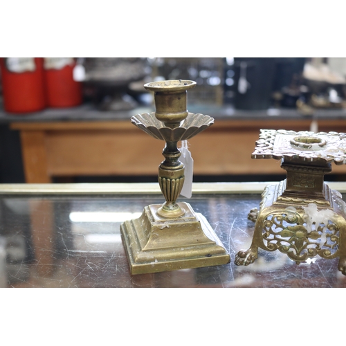 1349 - Two antique French squat brass candlesticks, approx 14cm H and shorter (2)