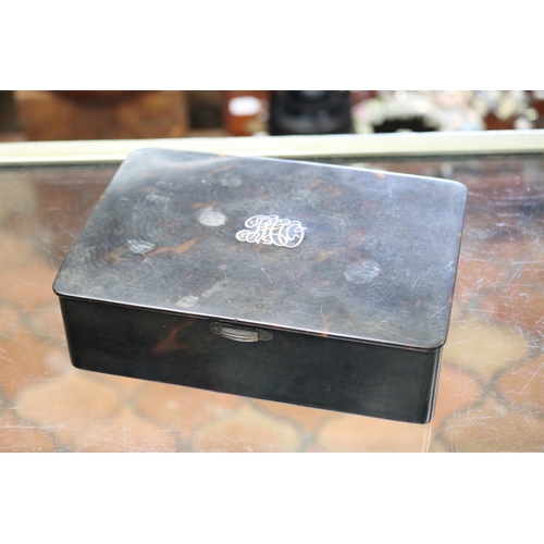 1350 - Antique tortoise shell rectangular box, with inlaid rose gold initials to the cover. Containing part... 