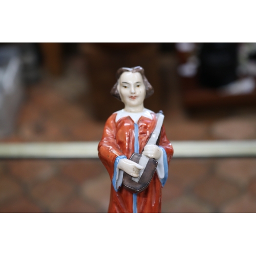 1354 - Antique European porcelain figure of a Chinese man, with long platted hair. Holding a musical instru... 