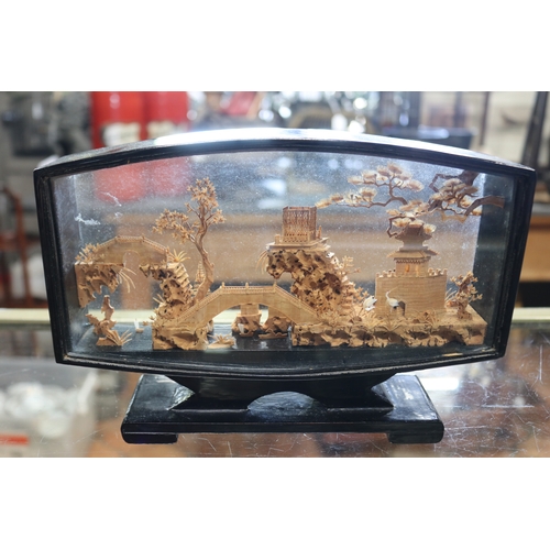 1357 - Chinese ebonized shadow framed cork diorama, approx 17cm H x 24cm W x 5cm D