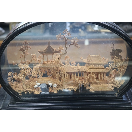 1361 - Large Chinese arched shadow framed cork diorama, approx 32cm H x 45cm W x 15cm D