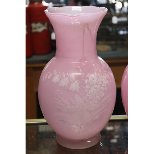 1366 - Pair of large antique pink glass vases, with raised white enamel decoration, approx 31cm H each (2)