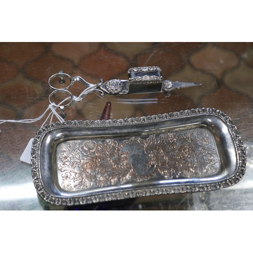 1369 - Antique Sheffield plate candle snuffer and tray, approx 22cm x 10cm and smaller