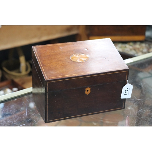 1372 - Antique slope top stationary box, central inlaid conch shell, approx 16cm H x 21cm W x 12cm D