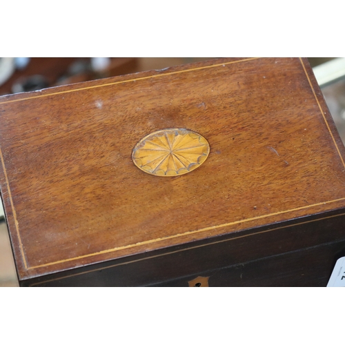 1372 - Antique slope top stationary box, central inlaid conch shell, approx 16cm H x 21cm W x 12cm D