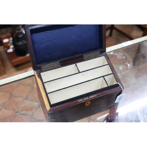 1372 - Antique slope top stationary box, central inlaid conch shell, approx 16cm H x 21cm W x 12cm D