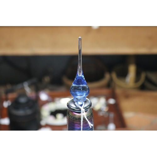 1374 - Iridescent art glass spire shape perfume bottle, approx 28cm H