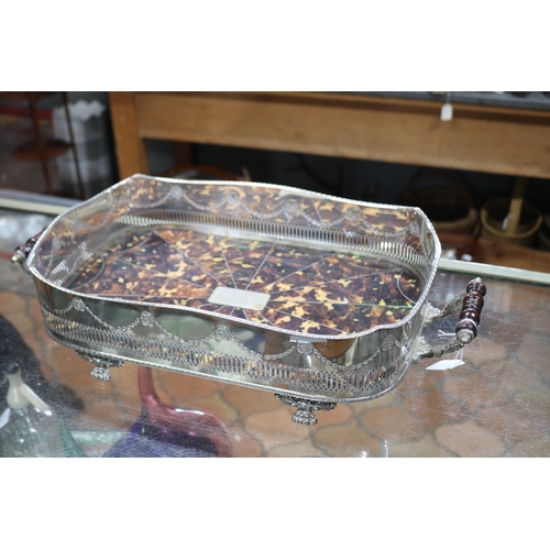 1384 - Impressive twin handled tortoise shell inlaid pierced surround service tray . Sheffield plate, appro... 