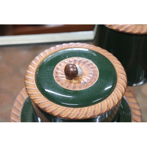 1391 - Three French Pillivuyt porcelain lidded pots, green ground, with mushroom handles, approx 14cm H and... 