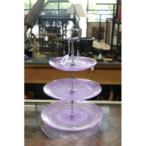 1392 - Three tiered pressed purple glass cake stand, approx 36cm H x 25cm Dia