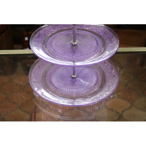 1392 - Three tiered pressed purple glass cake stand, approx 36cm H x 25cm Dia