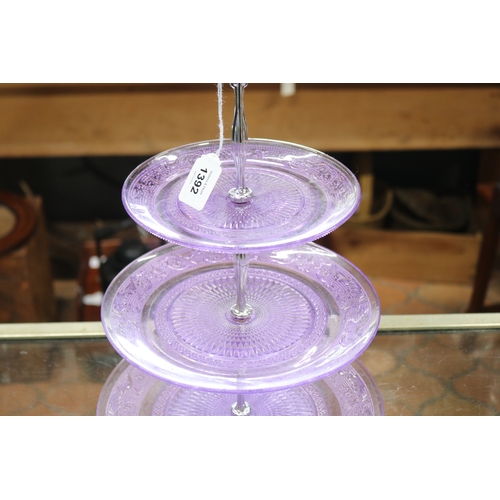 1392 - Three tiered pressed purple glass cake stand, approx 36cm H x 25cm Dia