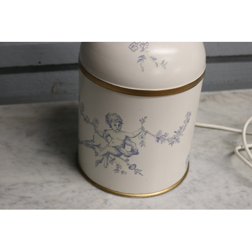 1716 - Hand painted Toleware blue lamp wired, approx 43cm H