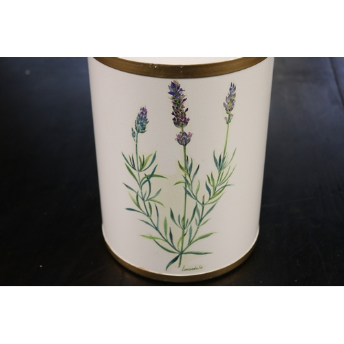1717 - Hand painted lavender tole ware lamp, approx 35cm H