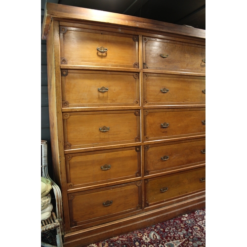 2569 - Large antique Kauri pine haberdashery chest of 15 drawers, approx 216cm H x 295cm W x 65cm D