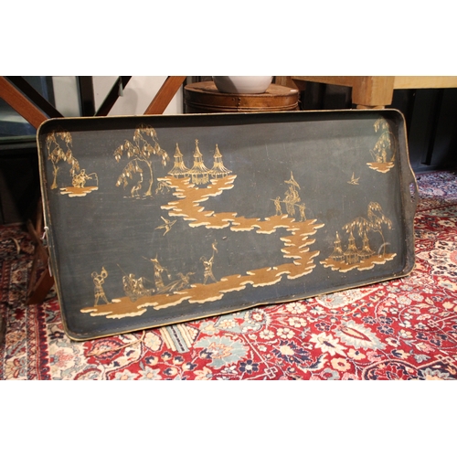 2576 - Impressive Large green/blue chinoiserie  toleware tray, approx 7cm H x 120cm W x 58cm D