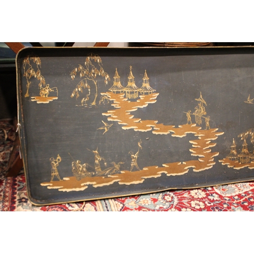 2576 - Impressive Large green/blue chinoiserie  toleware tray, approx 7cm H x 120cm W x 58cm D
