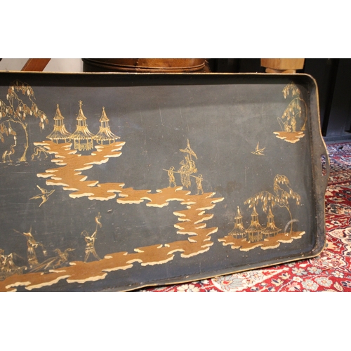 2576 - Impressive Large green/blue chinoiserie  toleware tray, approx 7cm H x 120cm W x 58cm D