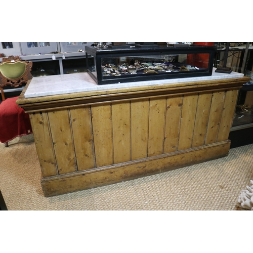 1245 - Pine shop counter with white marble removable top, approx 86cm H x 189cm W x 68cm D