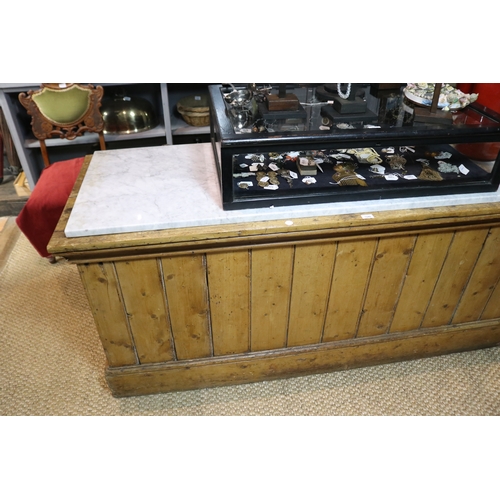 1245 - Pine shop counter with white marble removable top, approx 86cm H x 189cm W x 68cm D