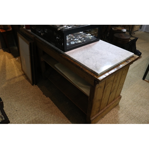1245 - Pine shop counter with white marble removable top, approx 86cm H x 189cm W x 68cm D