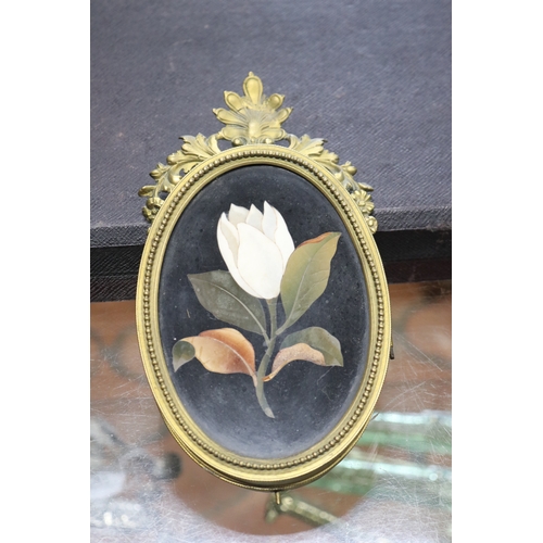 1329 - Antique Pietra Dura and bronze mount picture frame, inlayed magnolia design, approx 20cm x 11cm