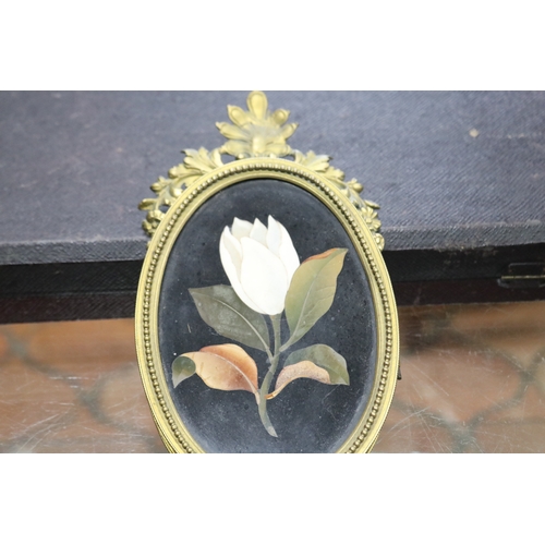 1329 - Antique Pietra Dura and bronze mount picture frame, inlayed magnolia design, approx 20cm x 11cm