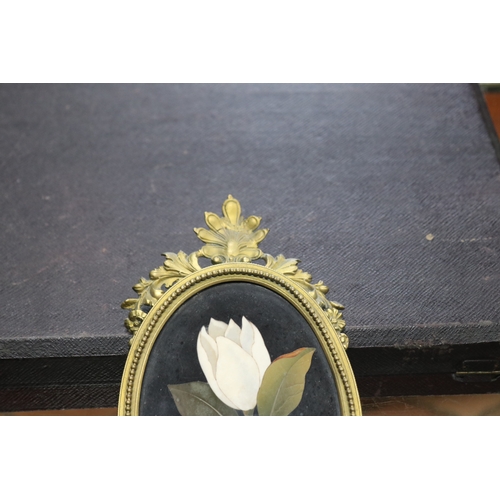 1329 - Antique Pietra Dura and bronze mount picture frame, inlayed magnolia design, approx 20cm x 11cm