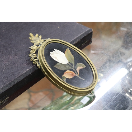 1329 - Antique Pietra Dura and bronze mount picture frame, inlayed magnolia design, approx 20cm x 11cm