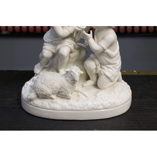 1337 - White glazed pottery figure group with sheep, approx 27cm H x 24cm W