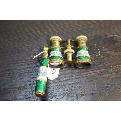 1338 - French antique opera glasses in green enamel, Le Maire Paris