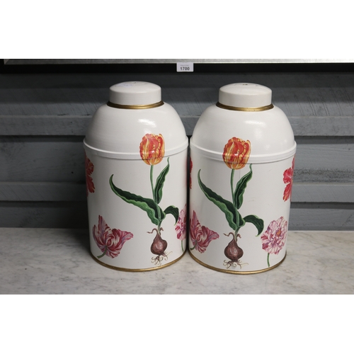 1713 - Pair of hand painted toleware jar base form lamps, approx 40cm H each (2)