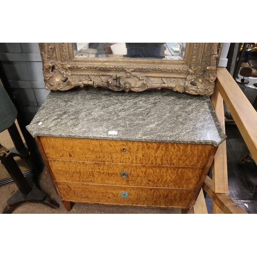 1720 - Satin birch marble topped three drawer commode, approx 92cm H x 94cm W x 48cm D