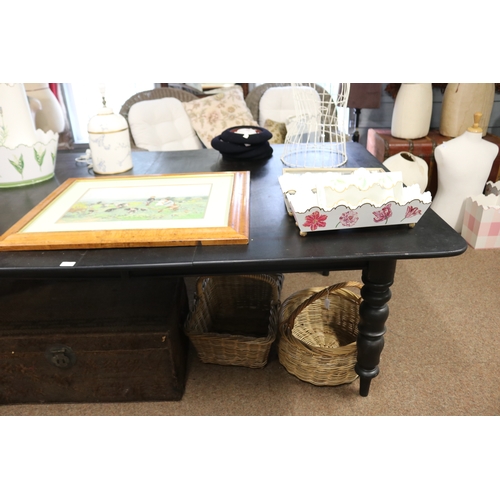 1721 - Black painted turned leg country style table, stencilled banded decoration to the top, approx 72cm H... 