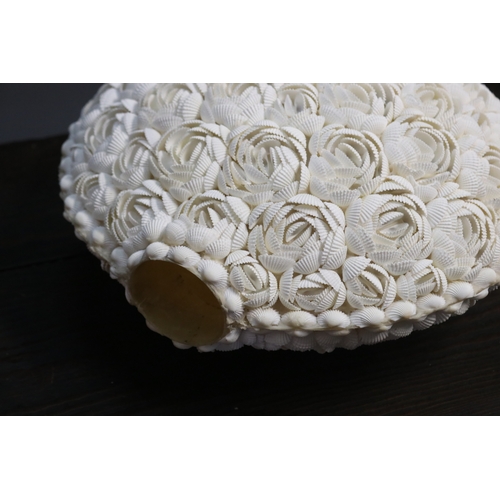 1727 - Unusual shell encrusted circular flask 34 cm dia approximately