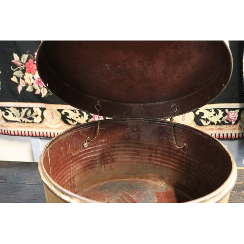 1736 - large antique faux wood grain painted tin hat box, approx 32cm H x 50cm Dia