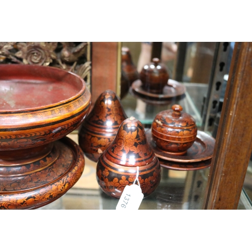 1376 - Selection of South east Asian lacquer ware, along with a well carved wood panel framed, approx 24cm ... 