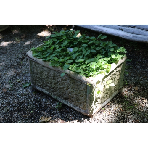 2021 - Large old rectangular cast composite planter with plant, approx 72cm W x 50cm D x 42cm H
