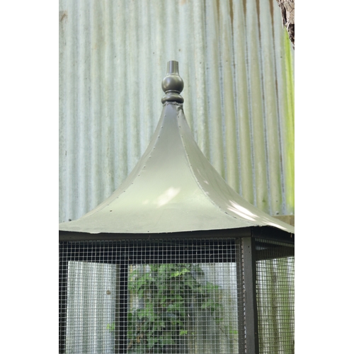 2033 - Large hexagonal metal pagoda topped aviary, approx 220cm H