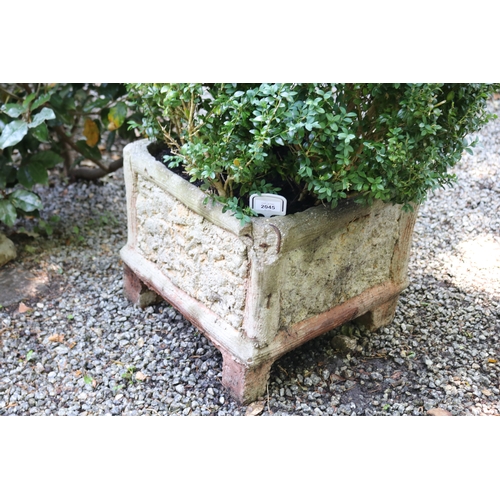 2045 - Advanced ball buxus in cast faux bark and log square planter, approx 37cm H x 43cm Sq, plant 55cm H