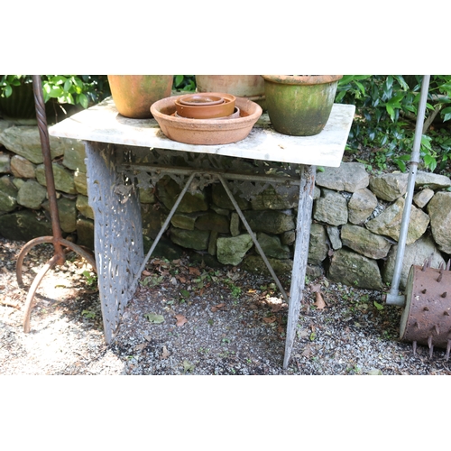 2047 - Marble topped cast metal support garden table, approx 81cm H x 89cm W x 60cm D
