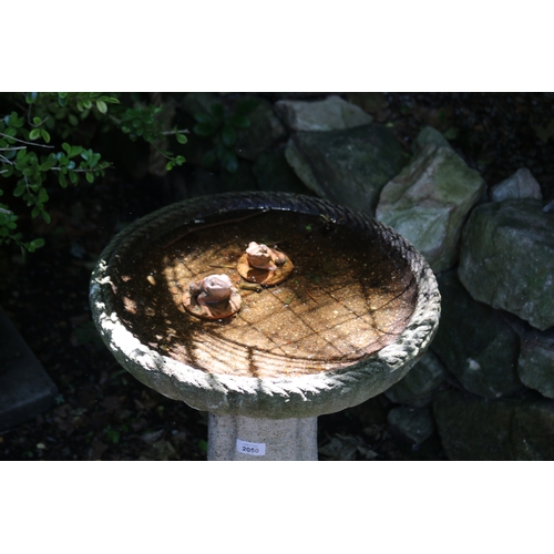 2050 - Vintage faux log bird bath with rope twist edge bowl along with two frogs, approx 69cm H x 44cm Dia